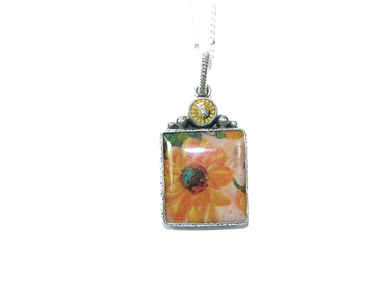 30266 Handmade Tile Sunflower Enamel Pendant on Sterling Silver Necklace