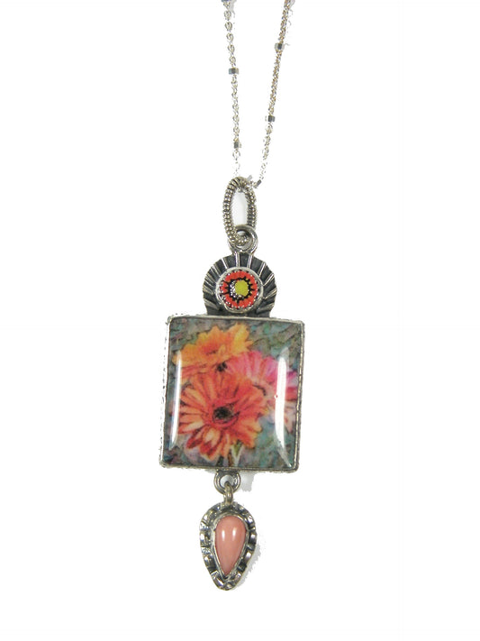 30267 Handmade Tile with Enamel and Coral Sterling Silver Necklace