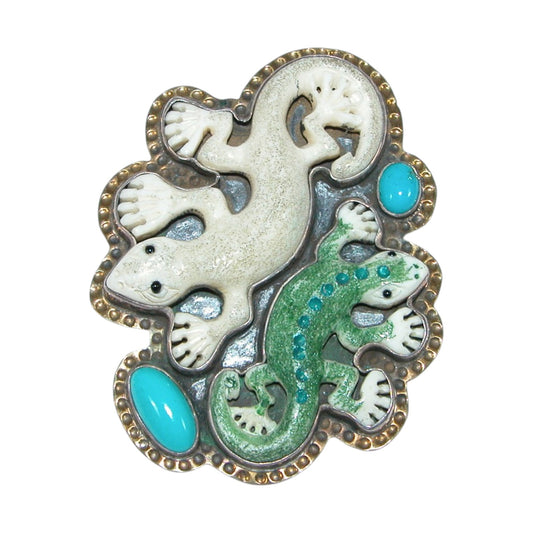 3026 Carved Bone, Turquoise Lizard Sterling Silver Pin and Pendant