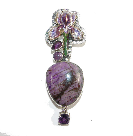 Hand-painted Enamel Iris with Sugilite Pin Pendant