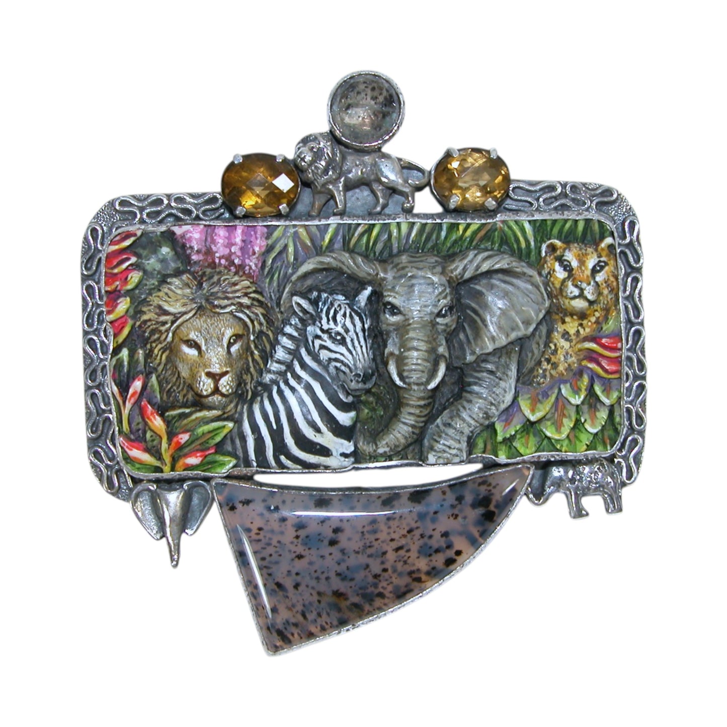 30280 Dendritic Agate, Hand Carved Bone, Smokey Quartz Pin & Pendant