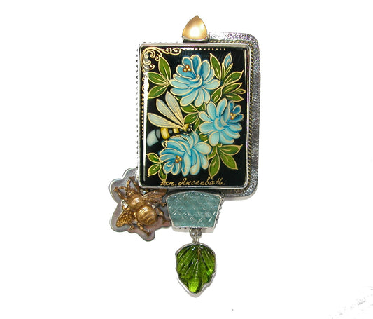 Hand-Painted Tile with Aquamarine Pin and Pendant