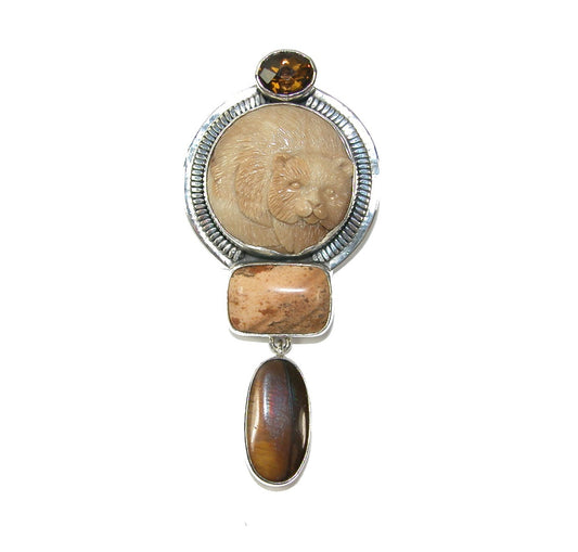 30290 Hand Carved Fossil Bear Jasper Cognac Topaz Sterling Silver Pin Pendant