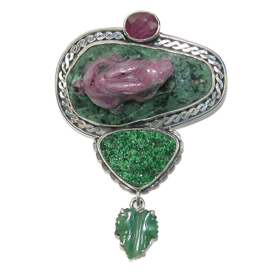 Carved Frog Ruby, Emerald, Uvarovite Sterling Silver Pin and Pendant