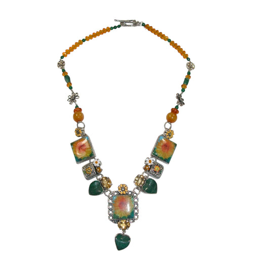 Hand Made Flower Tile, Citrine, Green Quartz, Enamel Sterling Silver Necklace