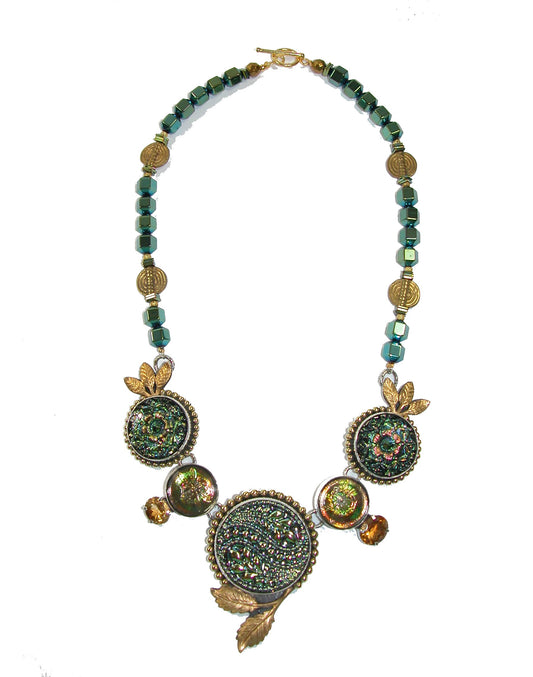 Czech Glass Button Citrine Hematite on Vermeil Clasp Sterling Silver Necklace