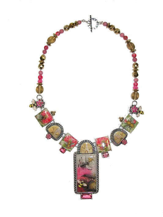 Beehive Handmade Tiles with Rhodochrosite Pink Quartz Necklace