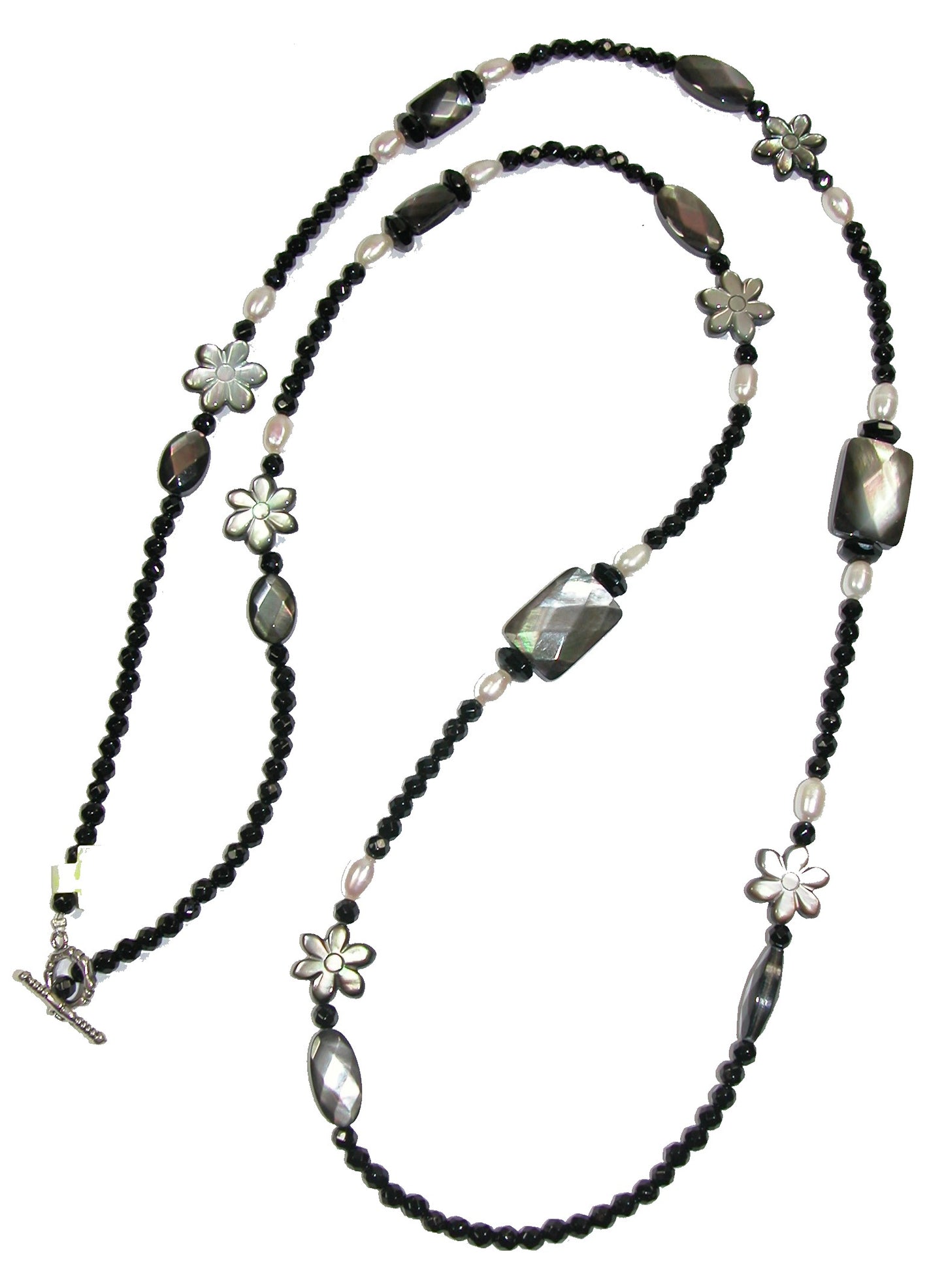 Mother of Pearl Flower Black Onyx Freshwater Pearl Necklace