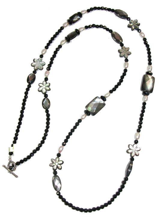 Mother of Pearl Flower Black Onyx Freshwater Pearl Necklace