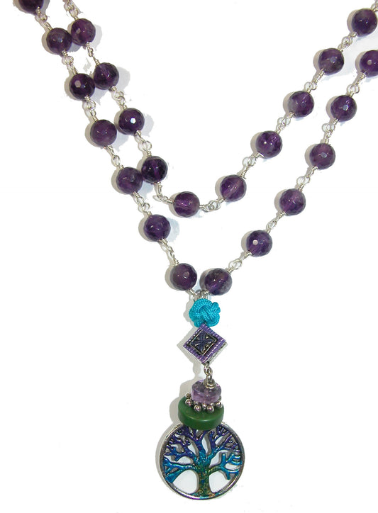 Hand painted Enamel Tree of Life on Amethyst Necklace