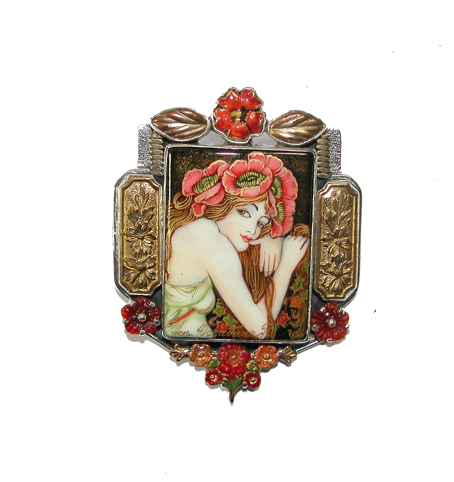 Hand-Painted Lady in a Black Onyx Pin Pendant