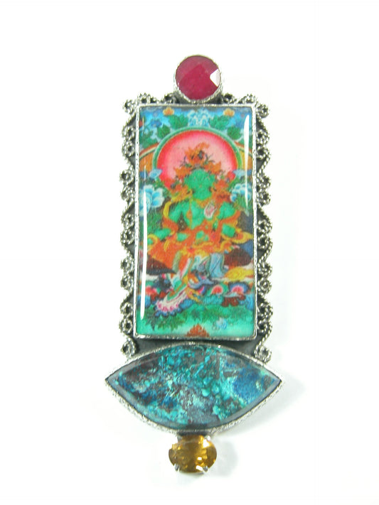 Chrysocolla Citrine Green Tara Tile Sterling Silver Pin Pendant