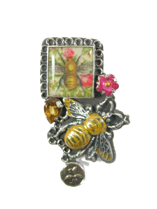 Handmade Bee Tile Citrine Sterling Silver Pin Pendant