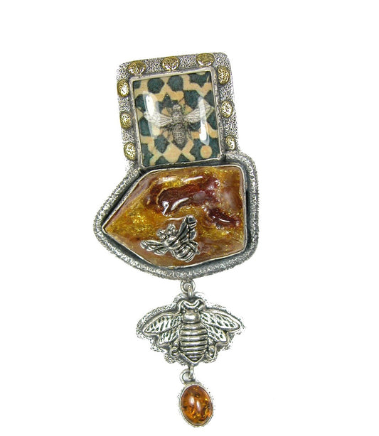Handmade Bee Tile with Baltic Amber on Sterling Silver Pin Pendant