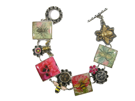Flower and Bee Tile Sterling Silver Bracelet