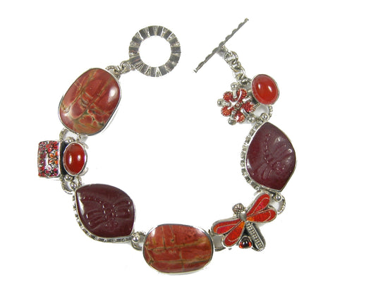 Enameled Dragonflies Cheery Creek Jasper Carnelian Sterling Silver Bracelet