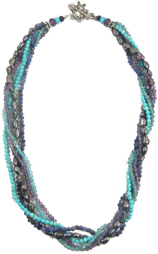 Peacock Freshwater Pearl Amethyst Lapis Multi Strand Sterling Silver Necklace