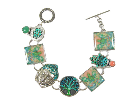 Chrysoprase Coral Buddha Enamel Tile Sterling Silver Bracelet