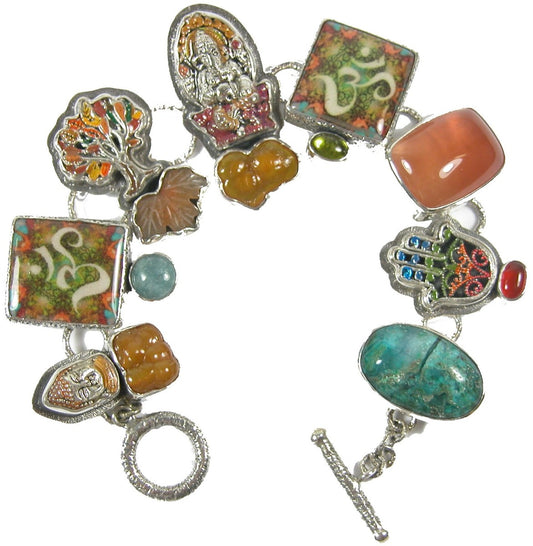 Moonstone Carnelian Chrysocolla Om Ganesh Sterling Silver Bracelet