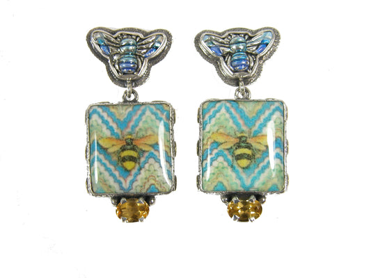 30380 Hand Enameling, Hand Made Tile, Citrine Sterling Silver Earrings
