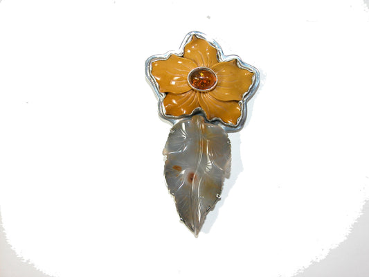 30383 Carved Flower and Leaf Agate, Amber Sterling Silver Pin and Pendant
