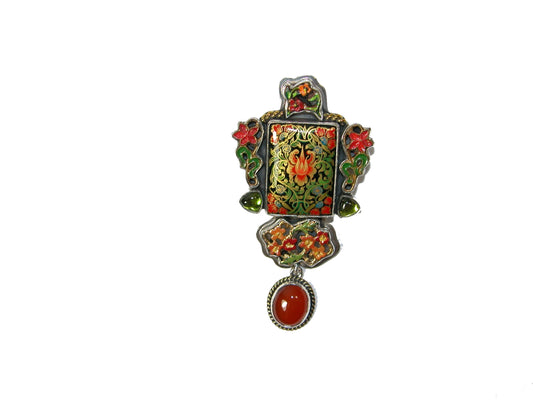 Hand Painted Miniature Carnelian Enamel Sterling Silver Pin Pendant