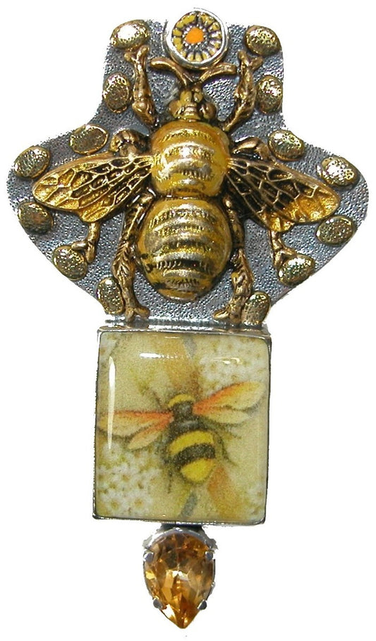 Bee Tile Citrine Enamel Sterling Silver Pin Pendant