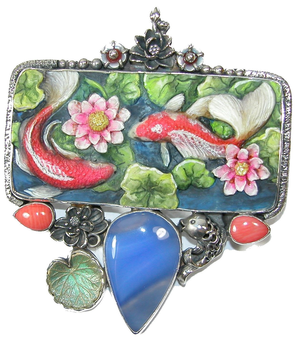 30391 Hand Carved Scrimshaw Koi Fish, Coral, Agate Sterling Silver Pin and Pendant