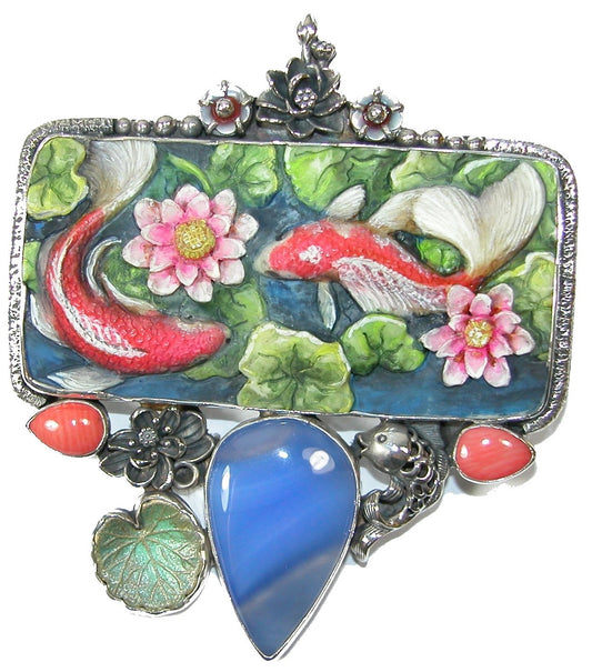 30391 Hand Carved Scrimshaw Koi Fish, Coral, Agate Sterling Silver Pin and Pendant