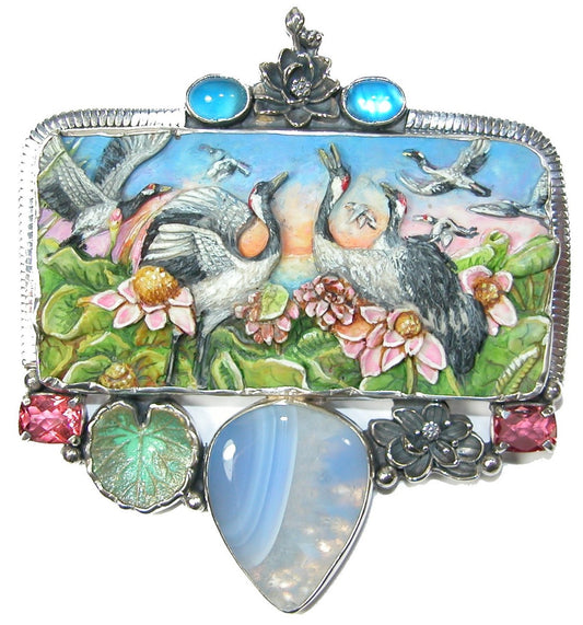 Carved Crane Agate ONE-OF-A-KIND Sterling Silver Pin Pendant