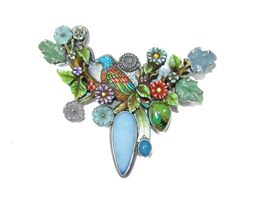 Hand Carved Painted Bird Drusy Sterling Silver Pin Pendant
