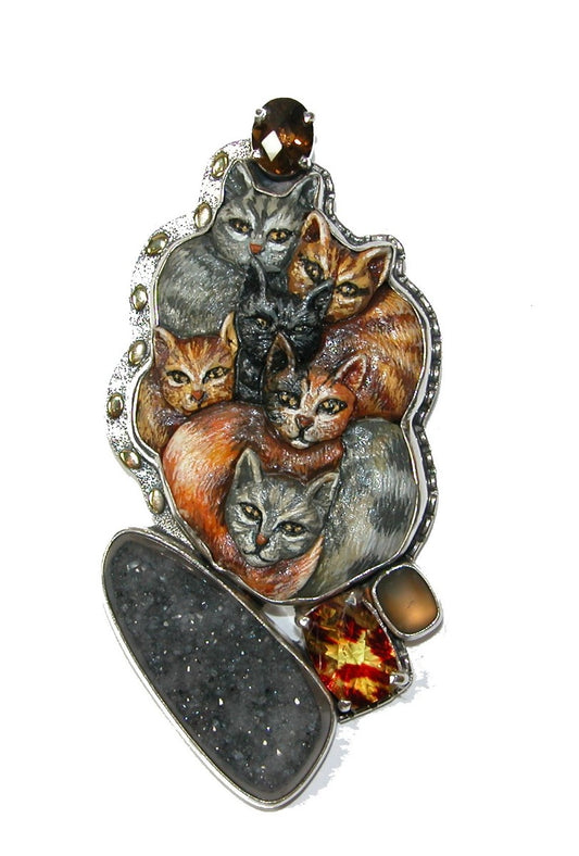 Hand Carved Scrimshaw Cats on Sterling Silver Pin Pendant