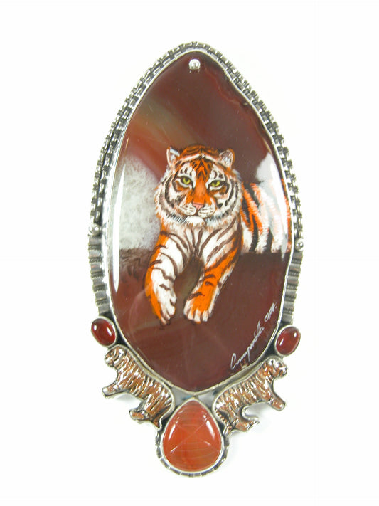 Hand Painted Tiger Agate Carnelian Sterling Silver Pin Pendant