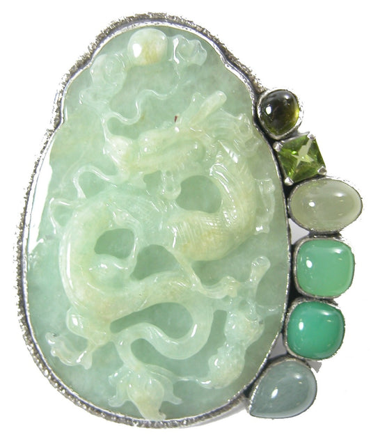 Hand Carved Jade Peridot Sterling Silver Pin Pendant