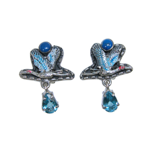 30410 Blue Topaz, Blue Lapis Hand Enamel Sterling Silver Earrings