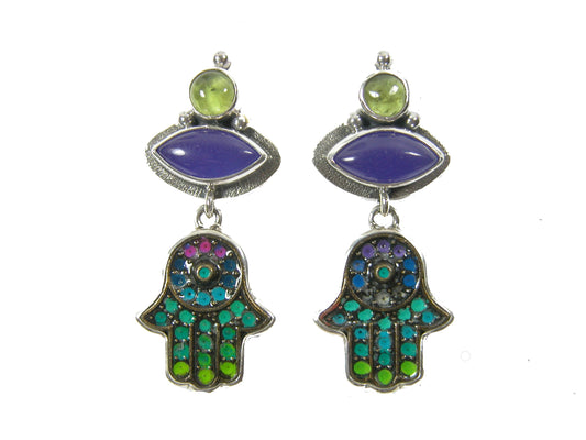 30411 Peridot Lapis Enamel Hamsa Sterling Silver Earring