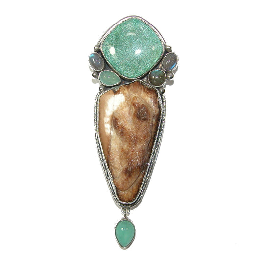 33170 Carved Fossil, Labradorite, Tapestry Under Quartz, Amazonite Bear Sterling Silver Pin and Pendant