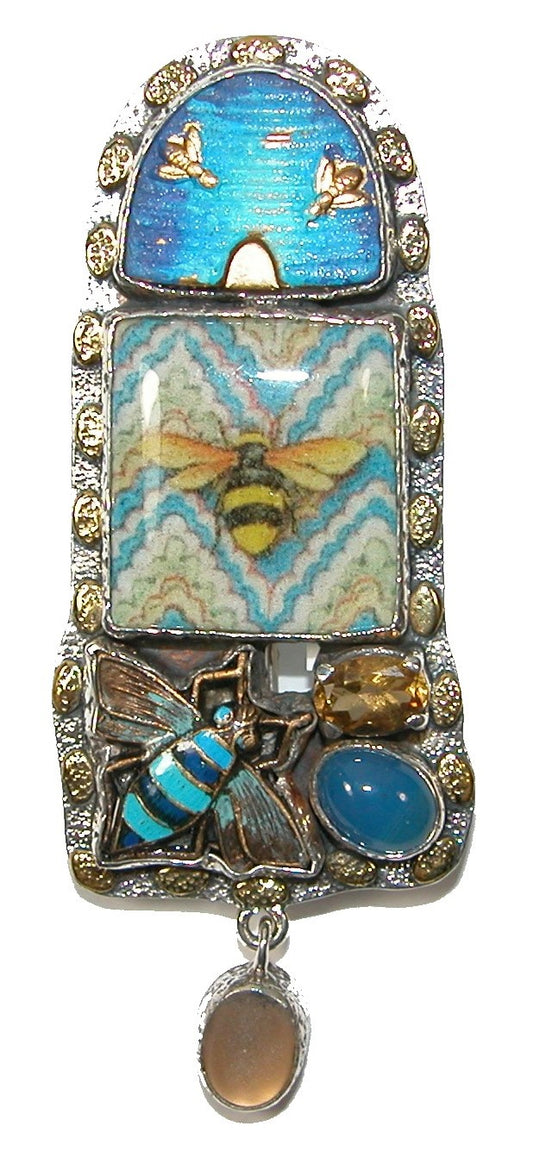 Bee Tile Blue Onyx Citrine Sterling Silver Pin Pendant
