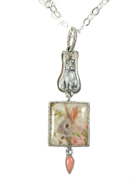 Bunny Tile Coral Enamel Sterling Silver Pendant Necklace