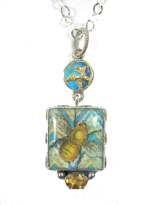 30428 Hand Made Bee Tile Citrine Sterling Silver Necklace