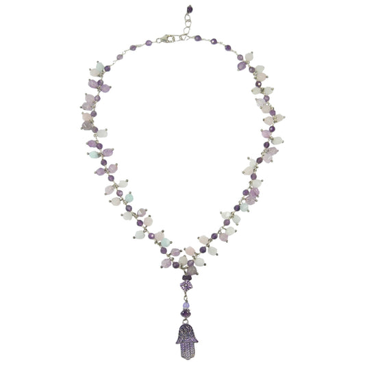 Purple Enamel Hamsa Pendant Fringe Necklace