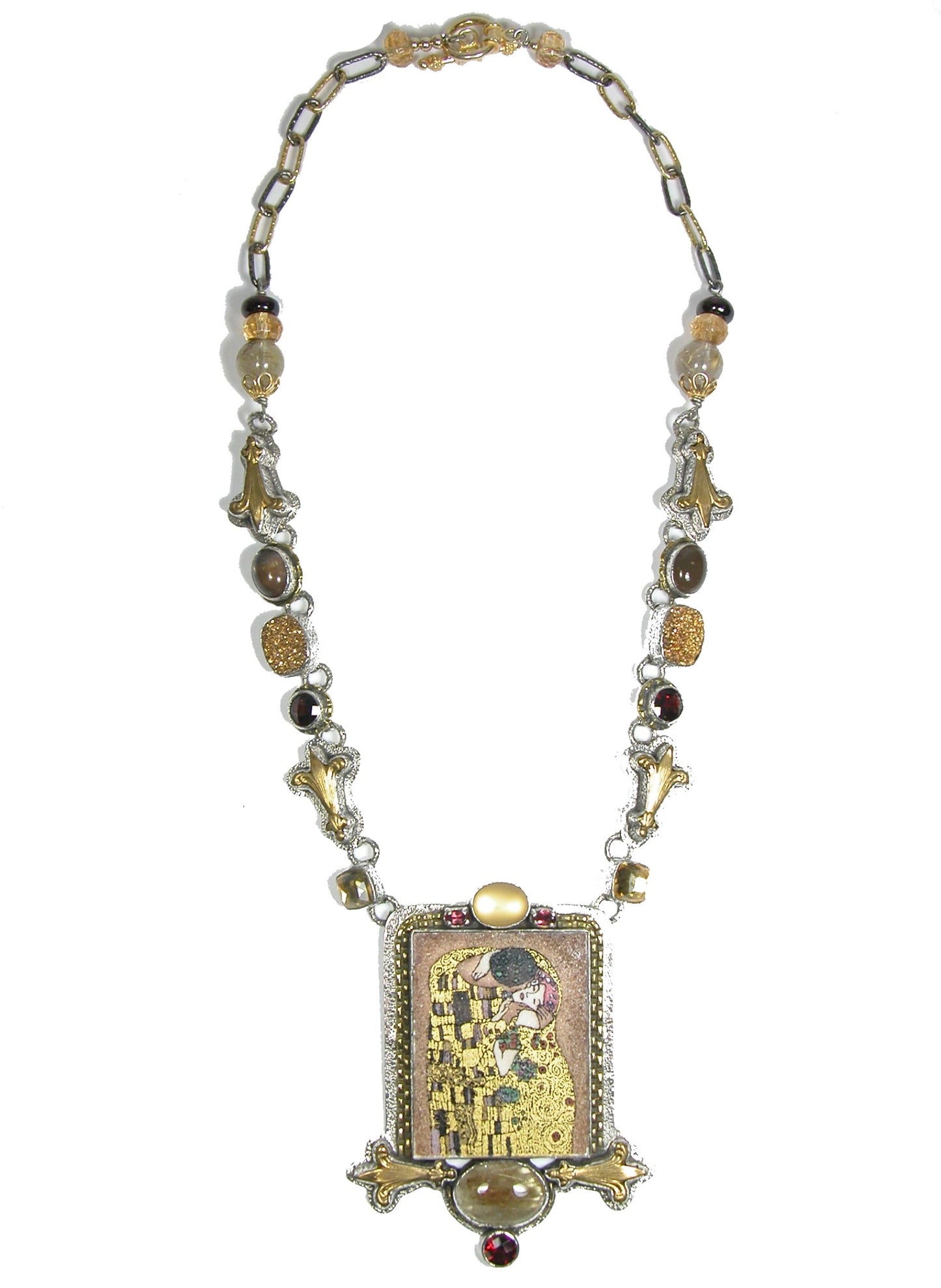 Mosaic Rutilated Quartz Garnet Sterling Silver Necklace