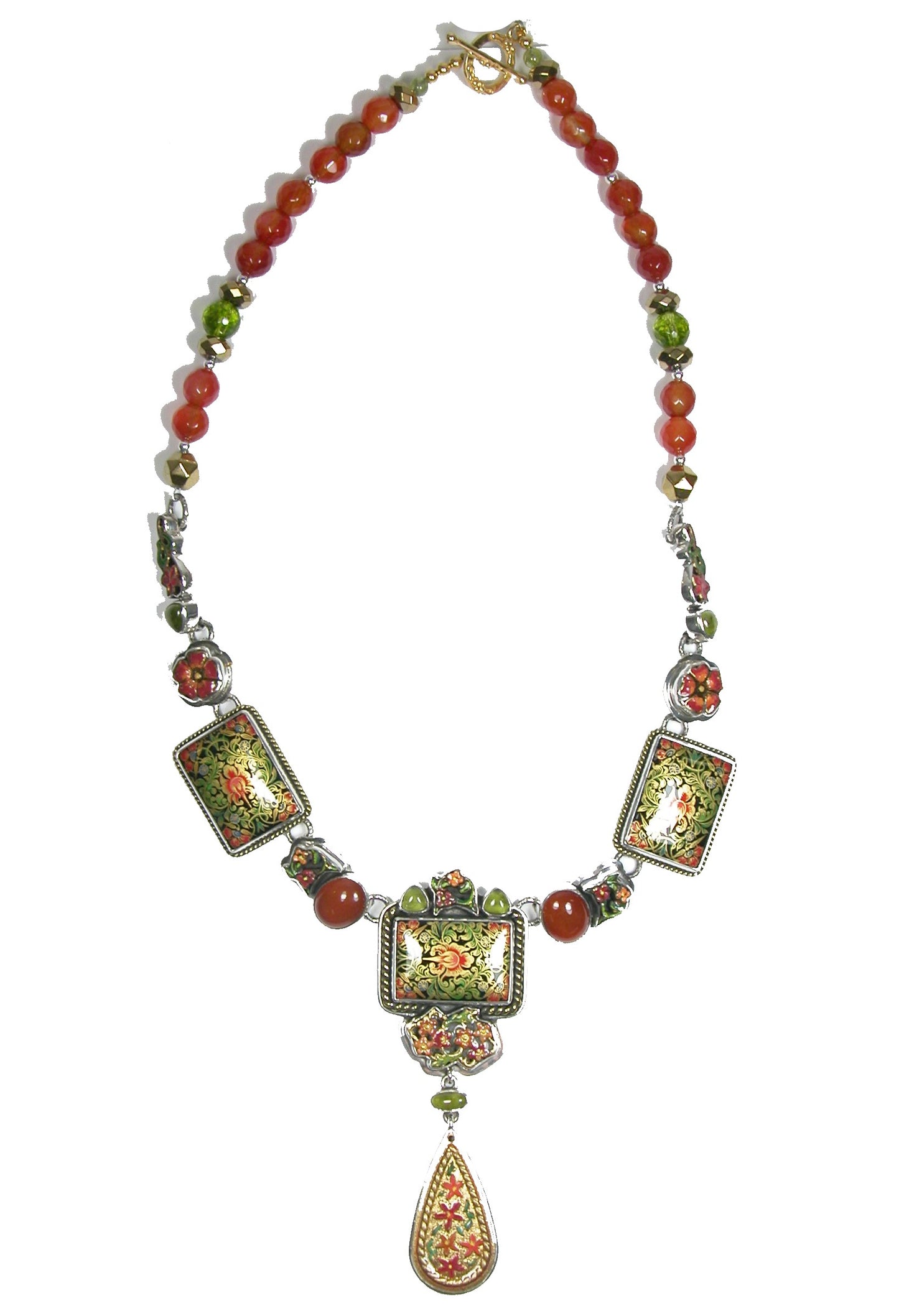 Hand Painting Miniature Enamel Carnelians on Sterling Silver Necklace
