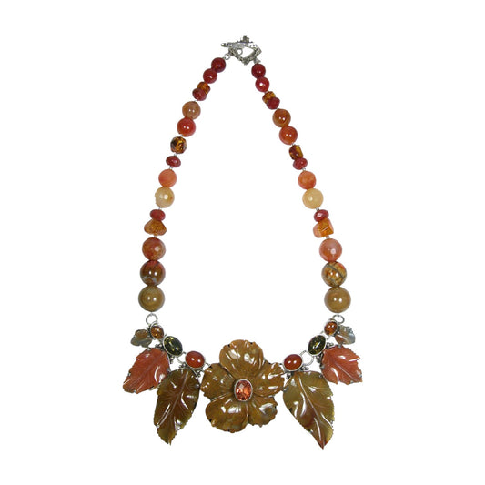 30448 Carved Agate Flower, Carnelian, Amber, Quartz Sterling Silver Beaded Necklace