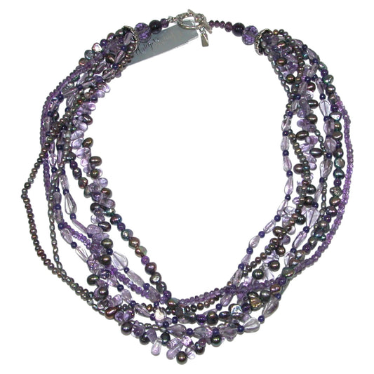 7 Strand Purple Beaded Amethyst, Freshwater Pearl Sterling Silver Necklace