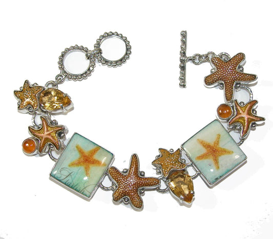 Enameled Sea Star Citrine Amber Sterling Silver Bracelet