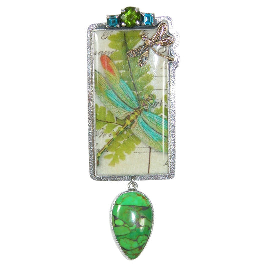 30462 Turquoise, Blue Topaz, Quartz, Floral Tile Sterling Silver Pin and Pendant