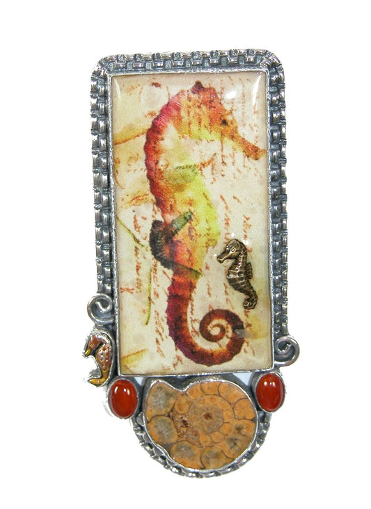 30465 Handmade Seahorse Tile Ammonite Sterling Silver Pin Pendant