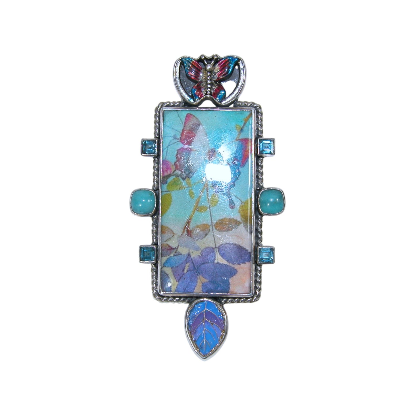 30467 Hand Made Tile, Hand Enamel, Topaz, Turquoise Sterling Silver Pin and Pendant