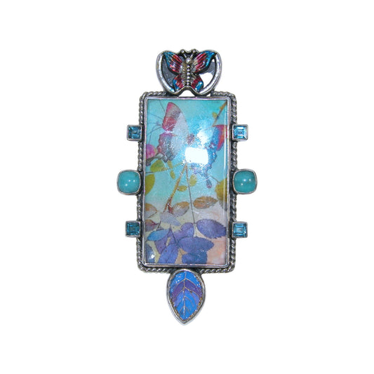 30467 Hand Made Tile, Hand Enamel, Topaz, Turquoise Sterling Silver Pin and Pendant